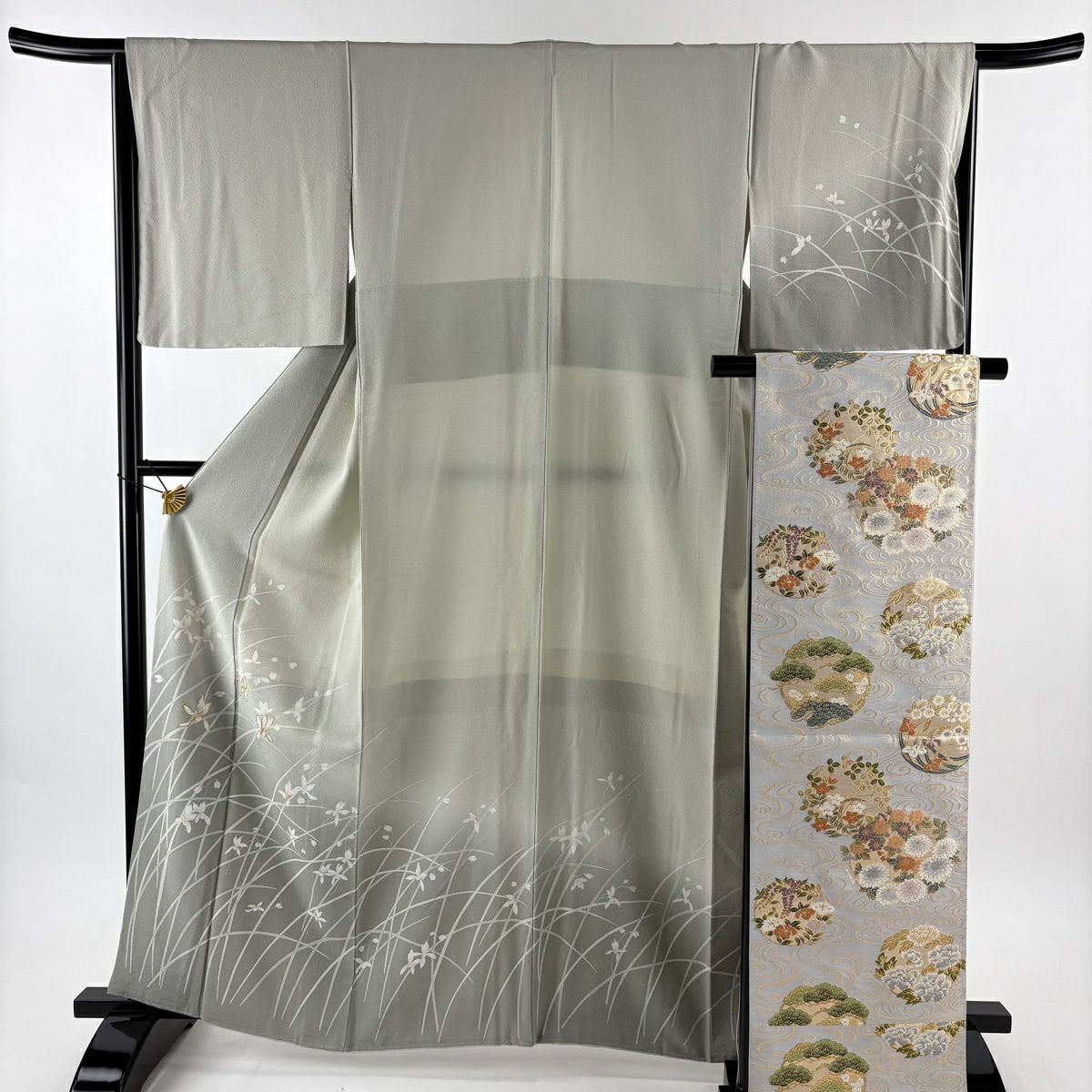 訪問服 身長162cm 袖長64.5cm M 雙層 袋帶套裝 草花紋紋 金糸 漸層 灰綠 純蠶絲 優品級