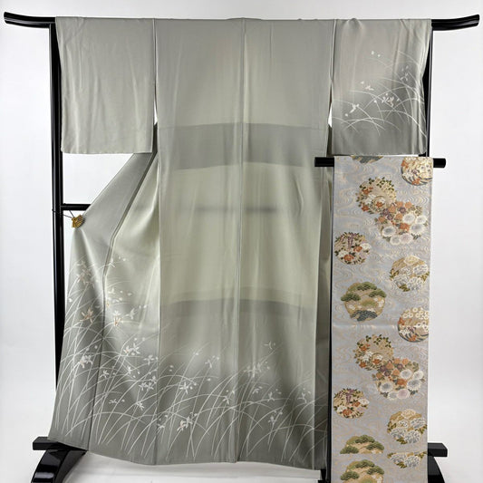 訪問服 身長162cm 袖長64.5cm M 雙層 袋帶套裝 草花紋紋 金糸 漸層 灰綠 純蠶絲 優品級