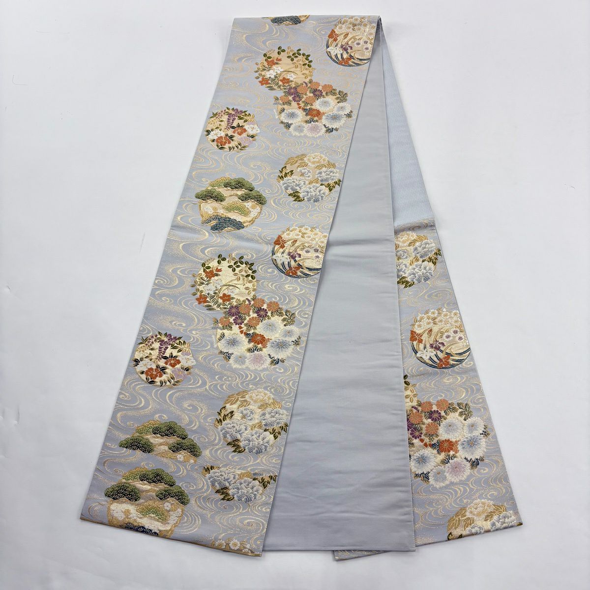 訪問服 身長162cm 袖長64.5cm M 雙層 袋帶套裝 草花紋紋 金糸 漸層 灰綠 純蠶絲 優品級