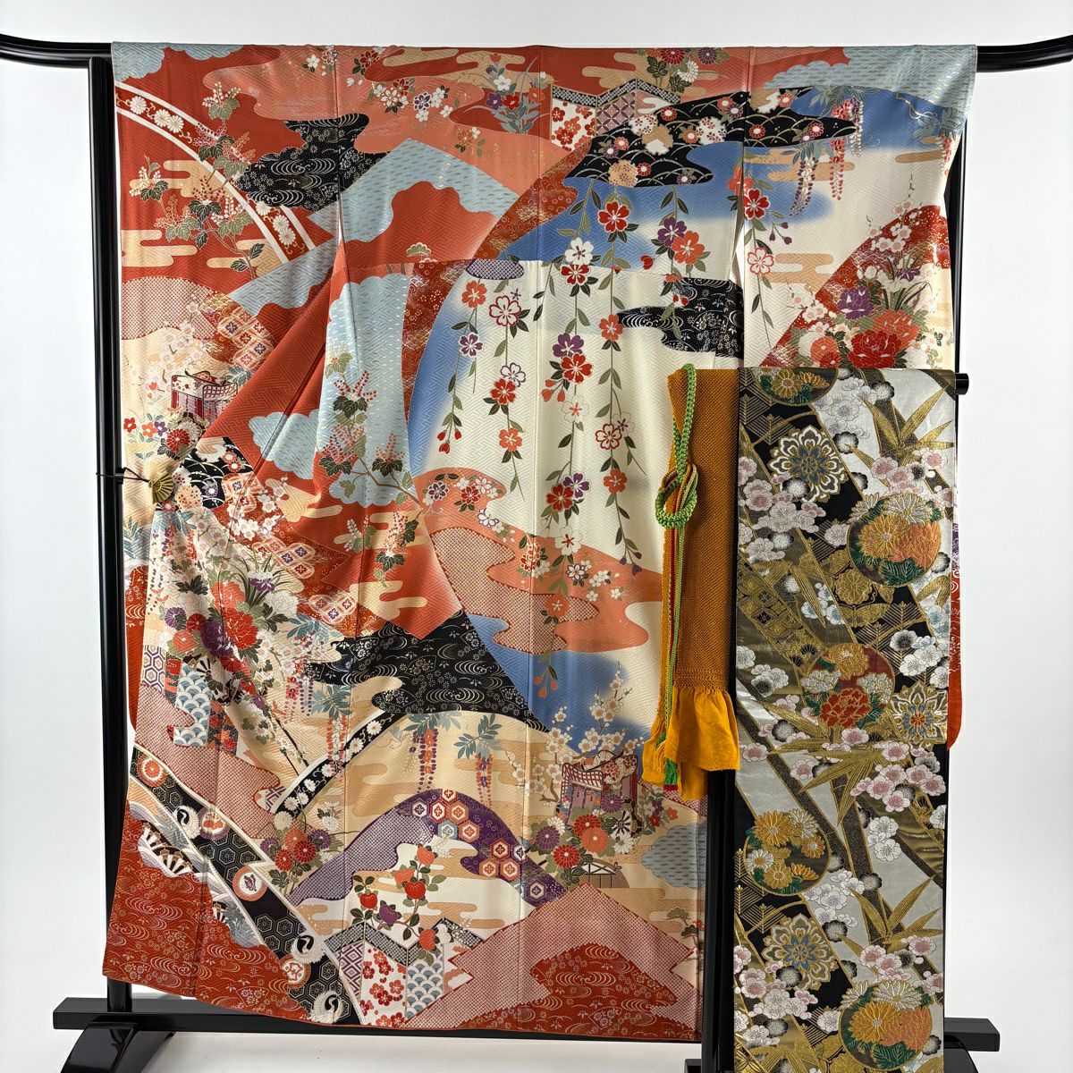 振袖禮服 身長157cm 袖長65.5cm M 雙層 花車 有職紋樣 金絲 金銀彩 紅茶 純蠶絲 優品級