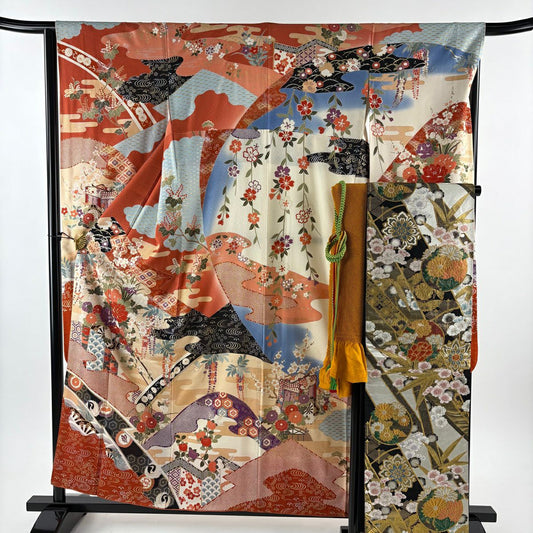 振袖禮服 身長157cm 袖長65.5cm M 雙層 花車 有職紋樣 金絲 金銀彩 紅茶 純蠶絲 優品級