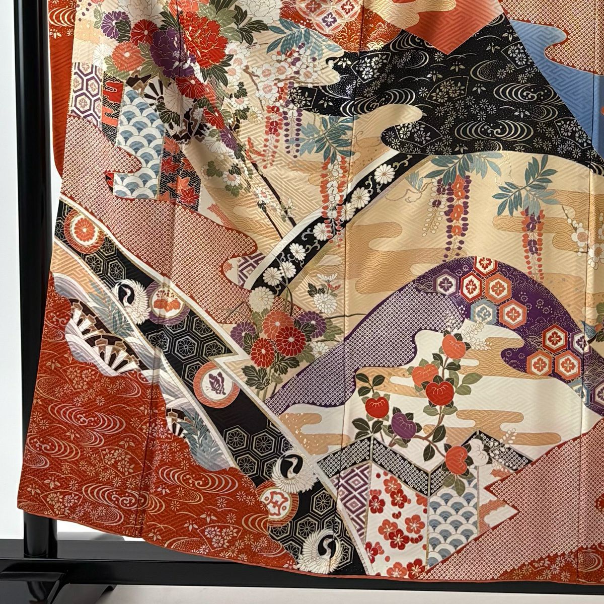 振袖禮服 身長157cm 袖長65.5cm M 雙層 花車 有職紋樣 金絲 金銀彩 紅茶 純蠶絲 優品級