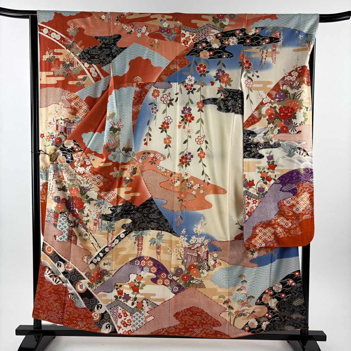 振袖禮服 身長157cm 袖長65.5cm M 雙層 花車 有職紋樣 金絲 金銀彩 紅茶 純蠶絲 優品級