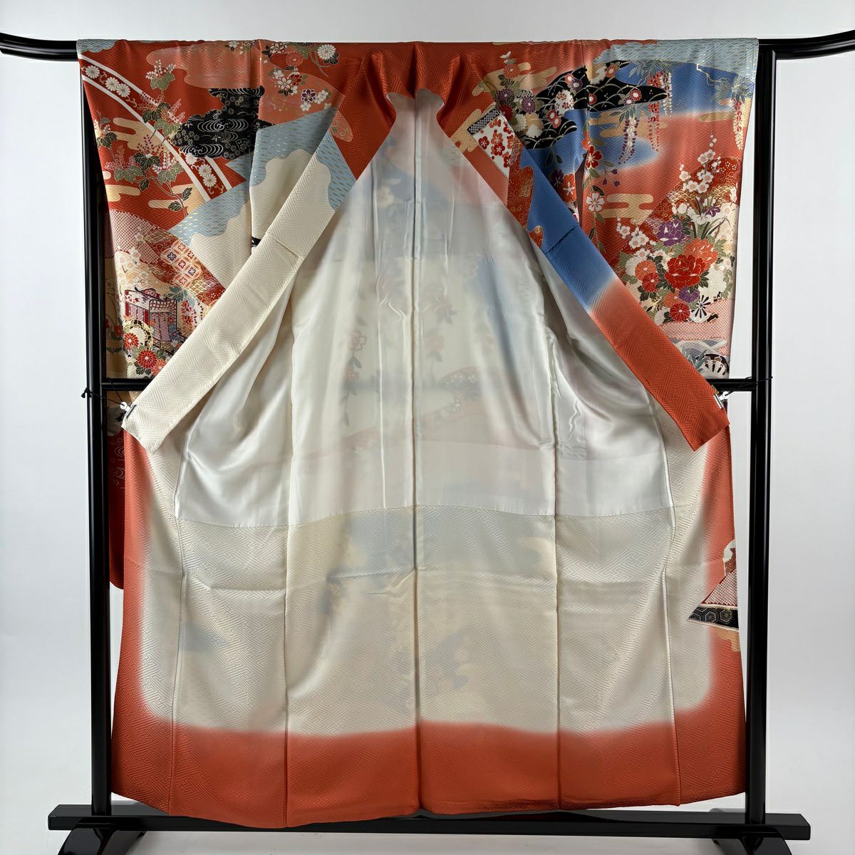 振袖禮服 身長157cm 袖長65.5cm M 雙層 花車 有職紋樣 金絲 金銀彩 紅茶 純蠶絲 優品級