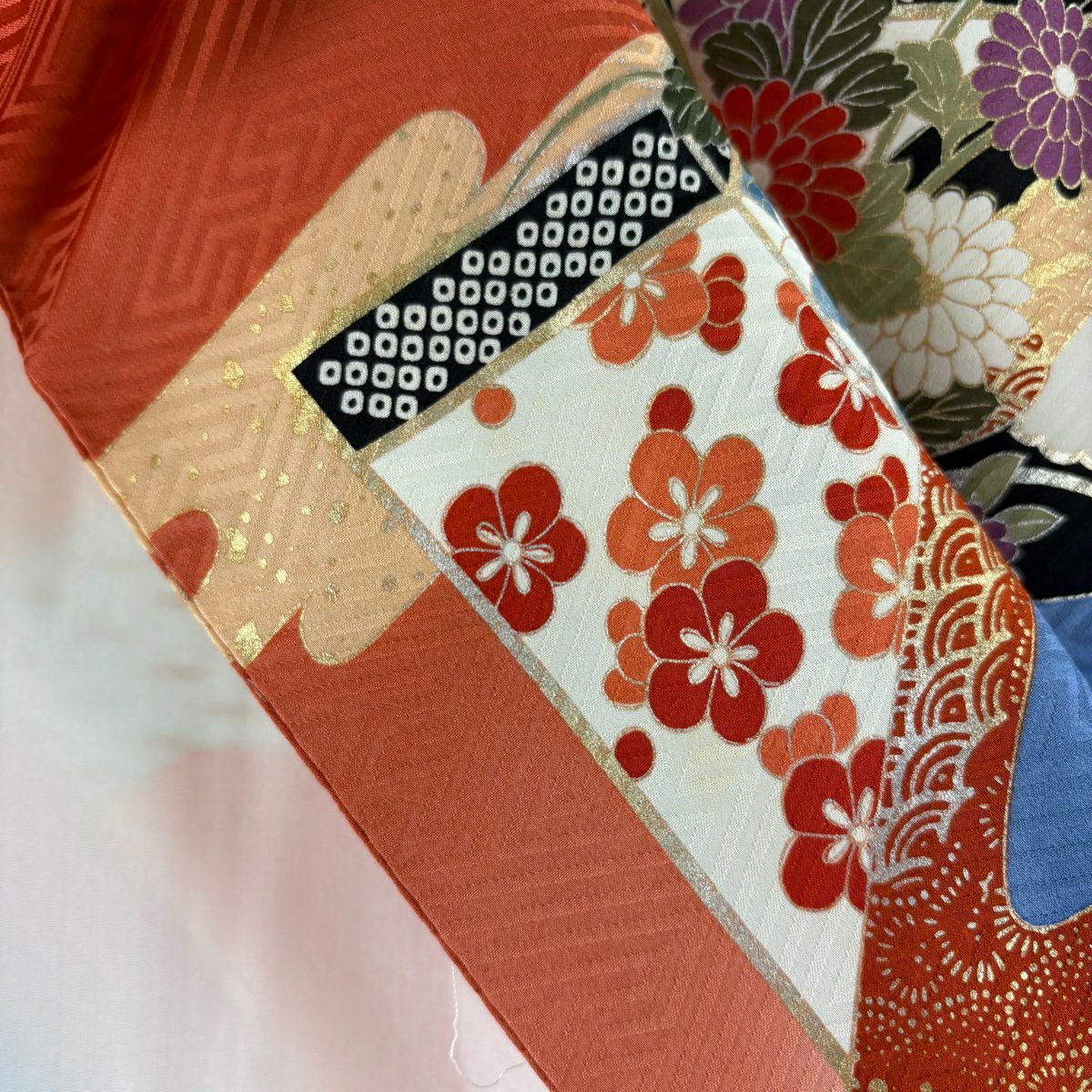 振袖禮服 身長157cm 袖長65.5cm M 雙層 花車 有職紋樣 金絲 金銀彩 紅茶 純蠶絲 優品級