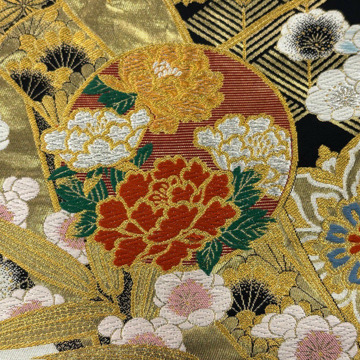 振袖禮服 身長157cm 袖長65.5cm M 雙層 花車 有職紋樣 金絲 金銀彩 紅茶 純蠶絲 優品級