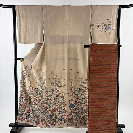 付下 身長158.5cm 袖長63.5cm S 雙層 袋帶套裝 落款 松樹竹子梅花 菊花 紅型染 米色 純蠶絲 名品級