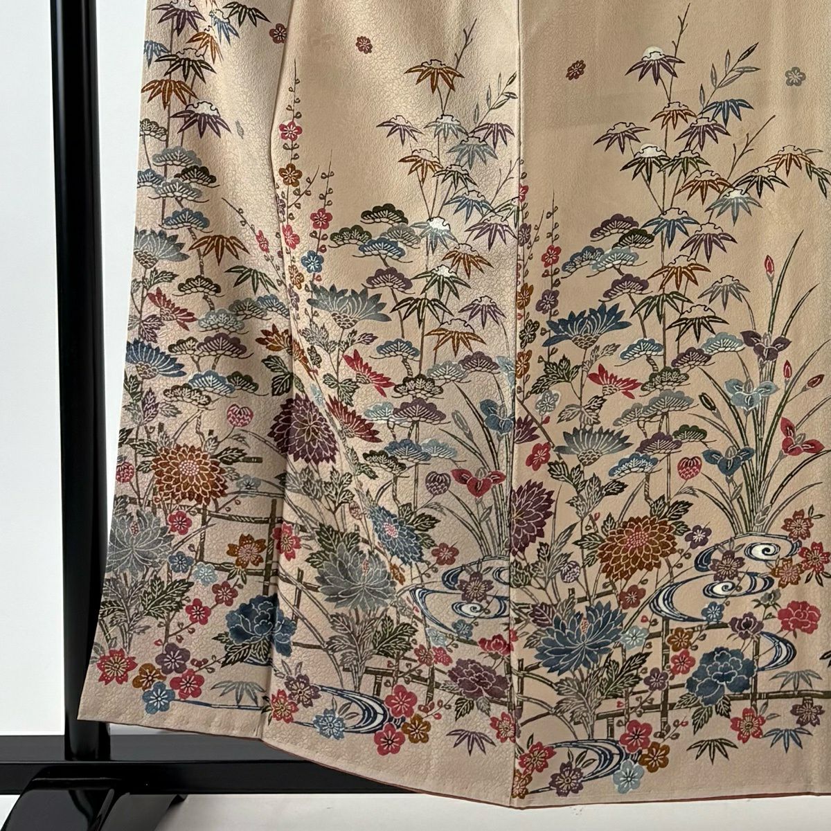 付下 身長158.5cm 袖長63.5cm S 雙層 袋帶套裝 落款 松樹竹子梅花 菊花 紅型染 米色 純蠶絲 名品級