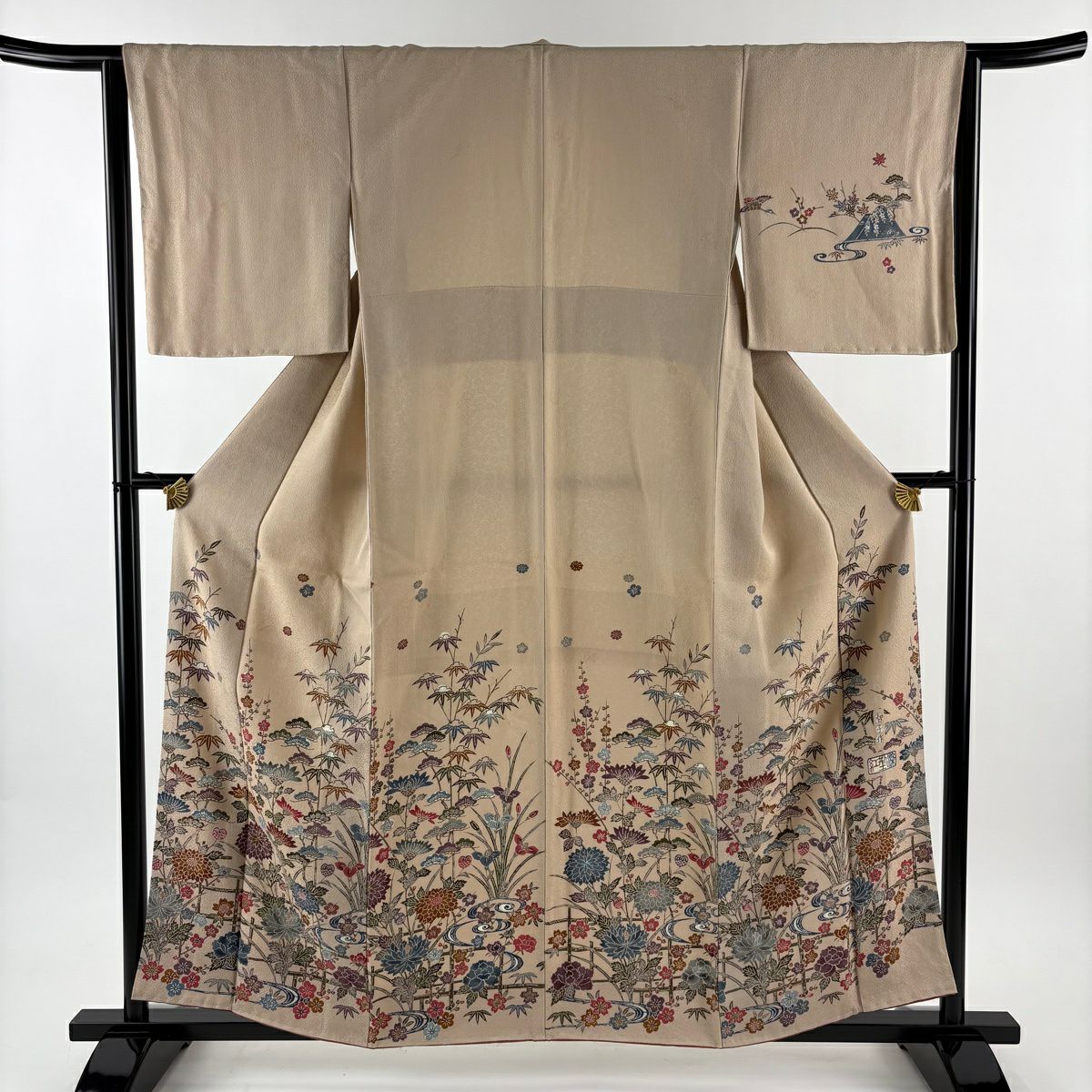 付下 身長158.5cm 袖長63.5cm S 雙層 袋帶套裝 落款 松樹竹子梅花 菊花 紅型染 米色 純蠶絲 名品級