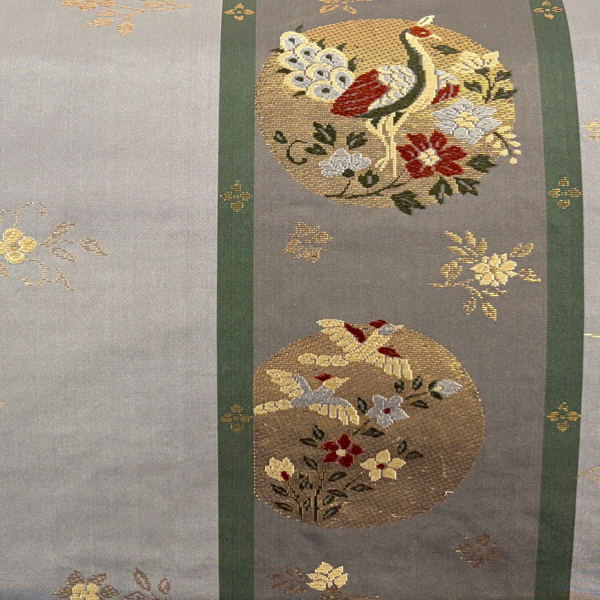 名古屋帶 優品級 草花紋 鳥 金金箔 灰色 純蠶絲