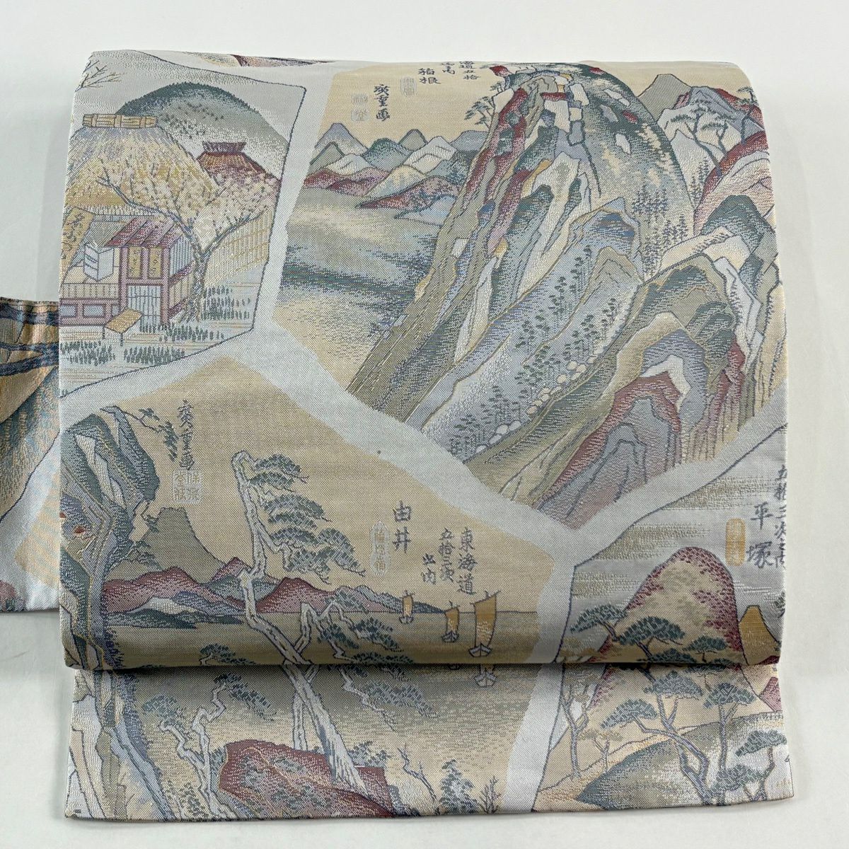 名古屋帶 優品級 風景 文字紋 灰 純蠶絲