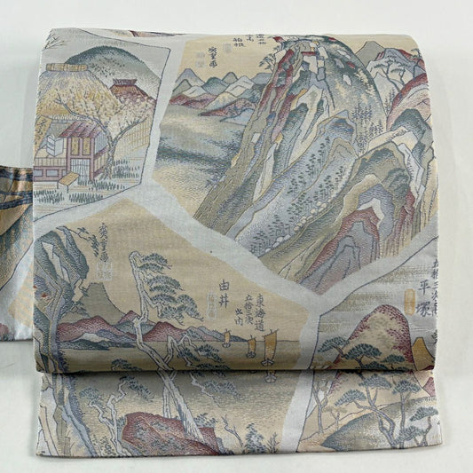 名古屋帶 優品級 風景 文字紋 灰 純蠶絲