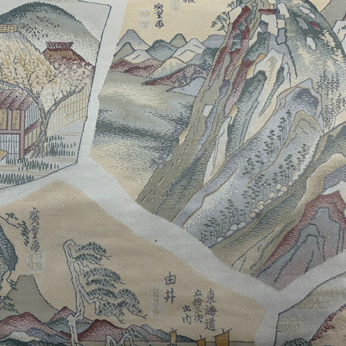 名古屋帶 優品級 風景 文字紋 灰 純蠶絲