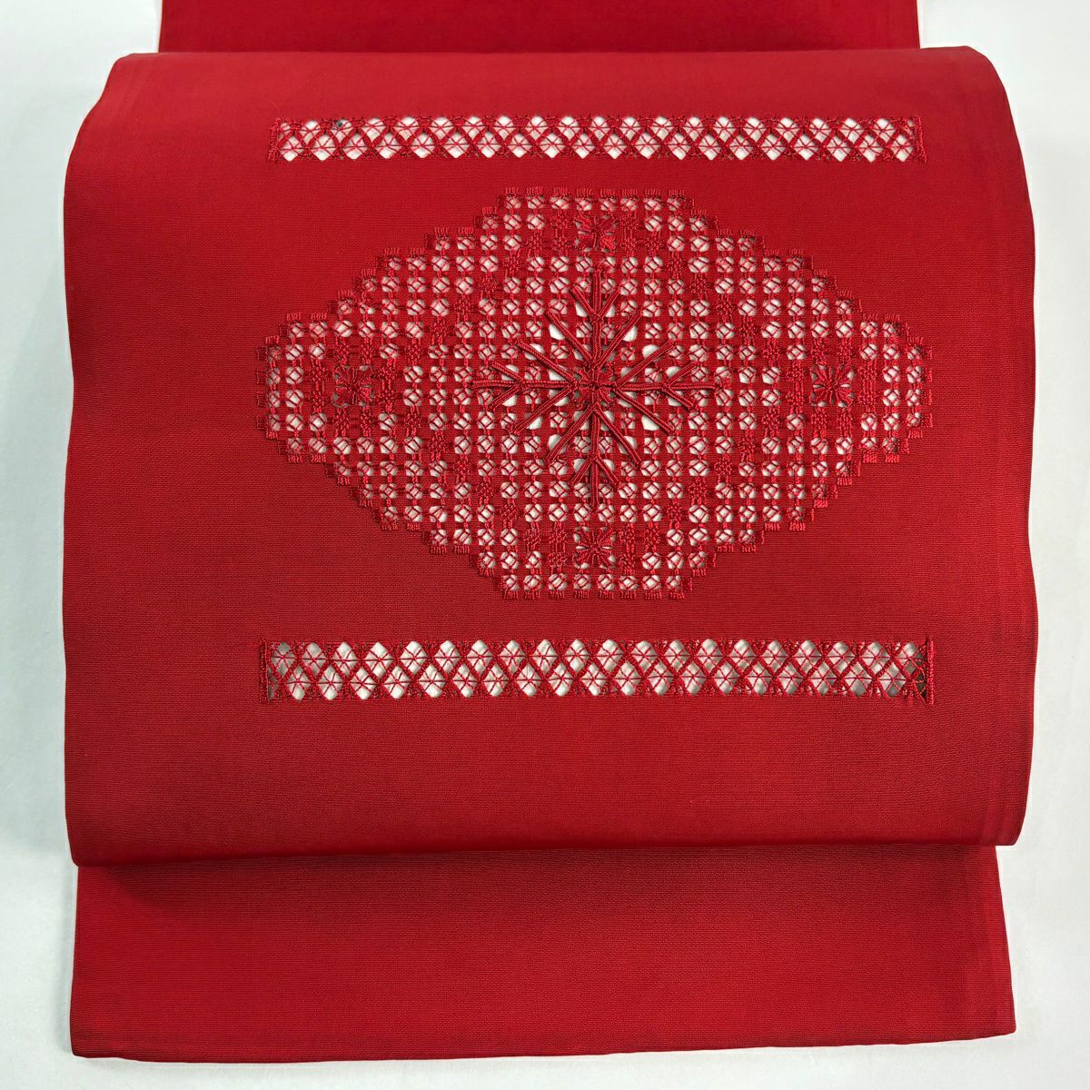 開口名古屋帶 優品級 華紋 幾何圖案 刺繡 紅 純蠶絲