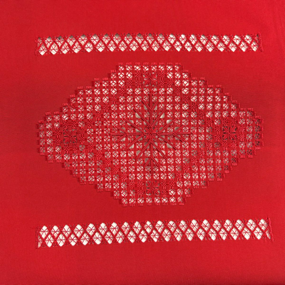 開口名古屋帶 優品級 華紋 幾何圖案 刺繡 紅 純蠶絲