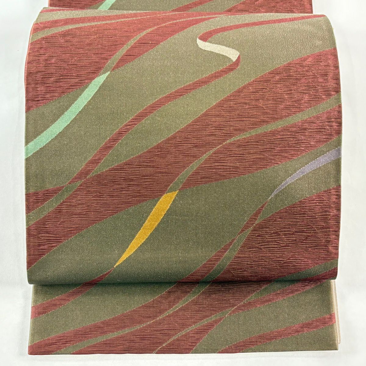 【美品】 袋帶 優品級 鈴乃屋 よろけ縞 金金箔 灰茶 六通 純蠶絲