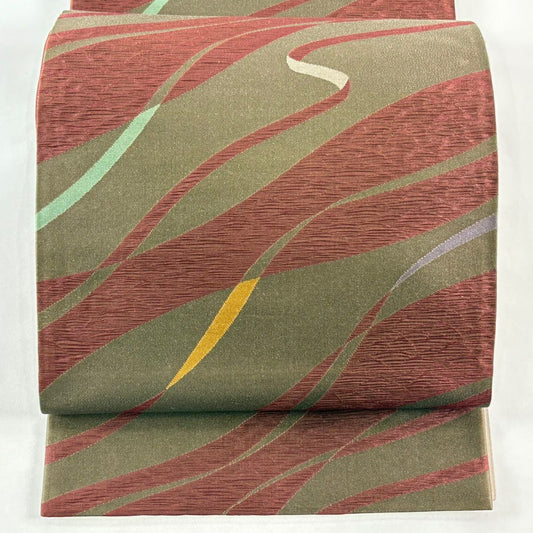 【美品】 袋帶 優品級 鈴乃屋 よろけ縞 金金箔 灰茶 六通 純蠶絲