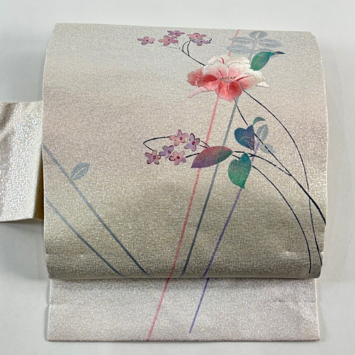 名古屋帶 優品級 草花紋 金銀彩 刺繡 奶油色 純蠶絲