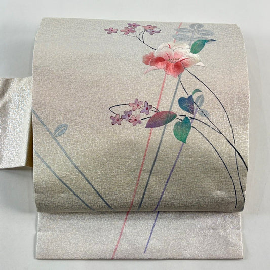 名古屋帶 優品級 草花紋 金銀彩 刺繡 奶油色 純蠶絲