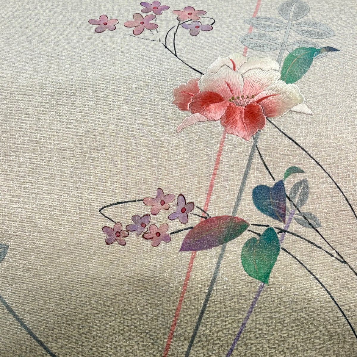 名古屋帶 優品級 草花紋 金銀彩 刺繡 奶油色 純蠶絲