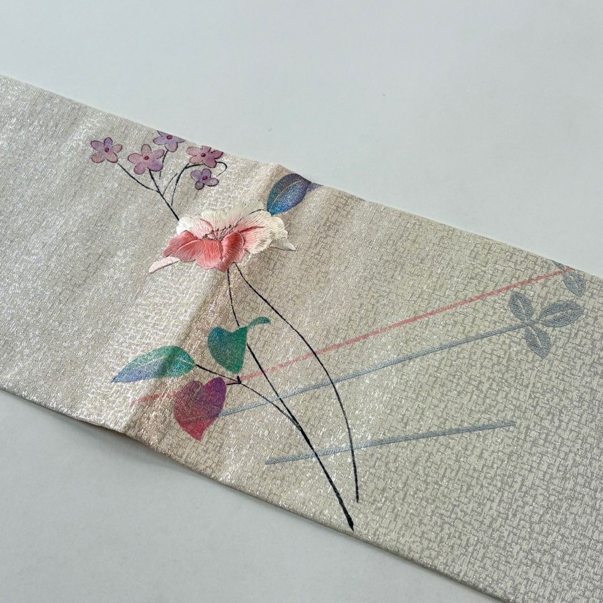 名古屋帶 優品級 草花紋 金銀彩 刺繡 奶油色 純蠶絲