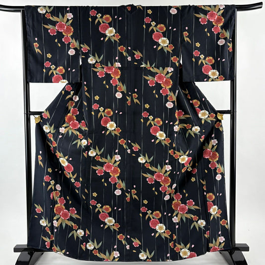 【美品】 小紋 身長164.5cm 袖長64.5cm M 雙層 可洗和服 櫻花 竹子葉 黑 化纖 優品級