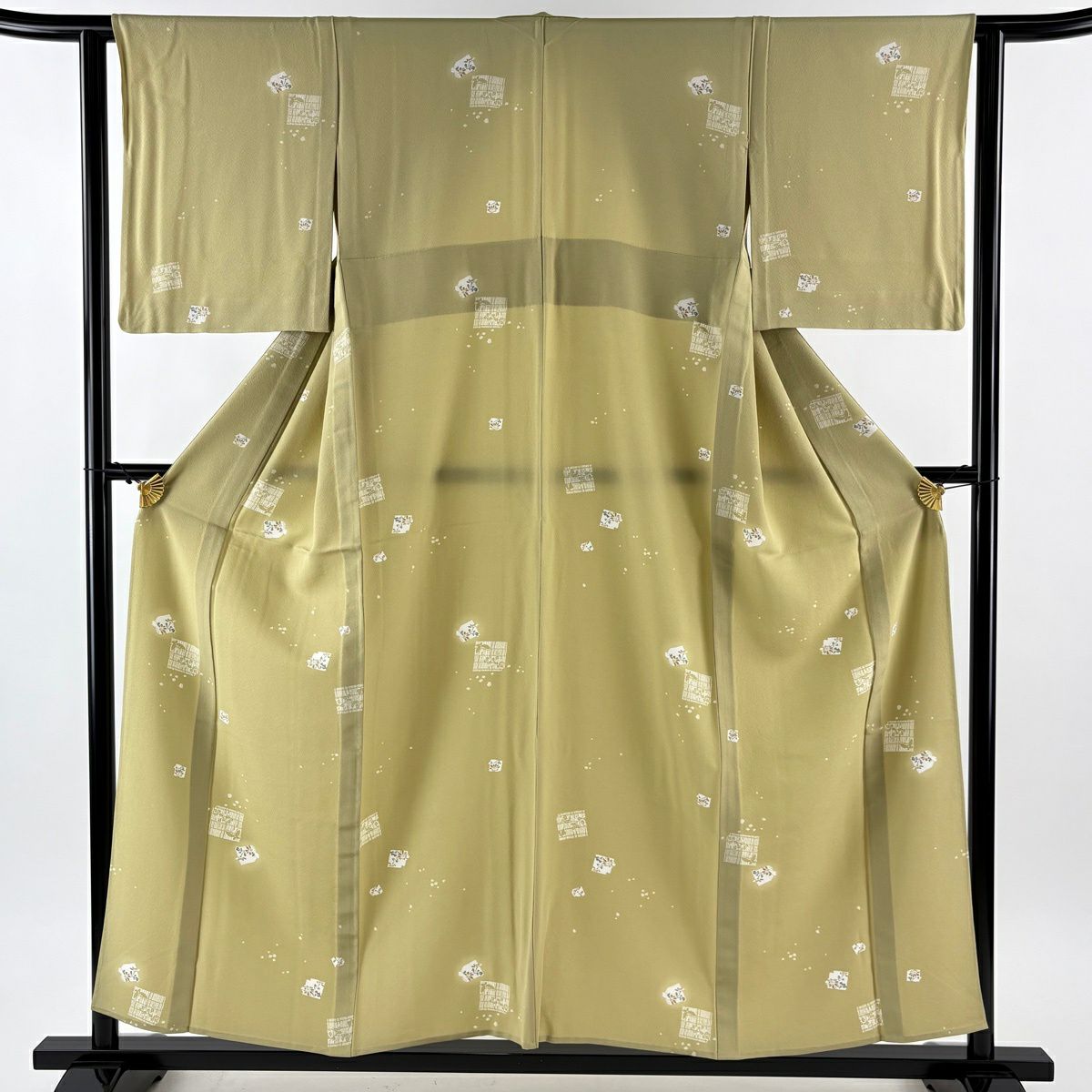 【美品】 小紋 身長155cm 袖長62cm S 單層 破れ色紙 草花紋紋 抹茶 純蠶絲 優品級