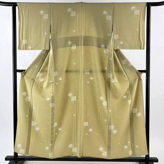 【美品】 小紋 身長155cm 袖長62cm S 單層 破れ色紙 草花紋紋 抹茶 純蠶絲 優品級