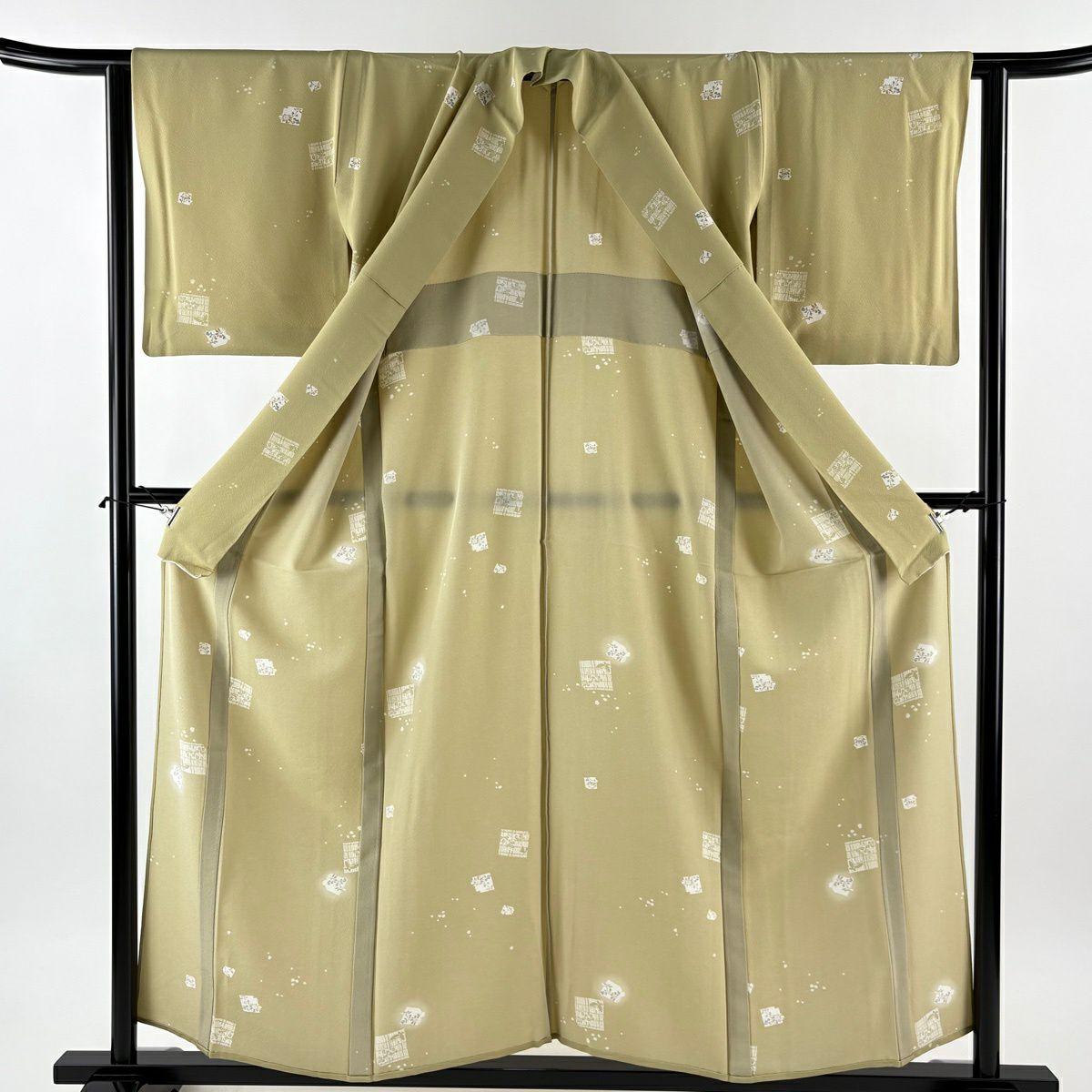 【美品】 小紋 身長155cm 袖長62cm S 單層 破れ色紙 草花紋紋 抹茶 純蠶絲 優品級
