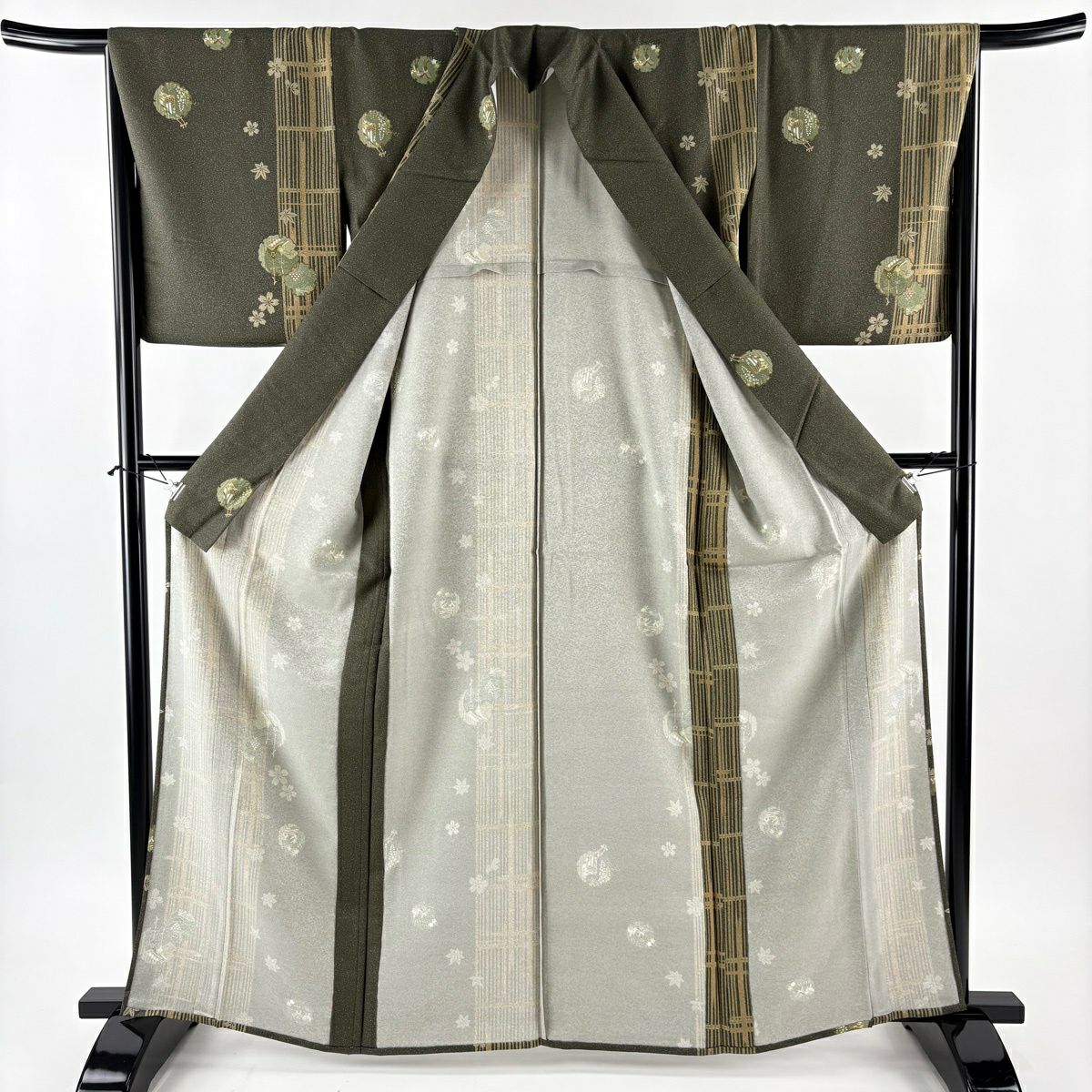 【美品】 小紋 身長163cm 袖長67cm M 單層 可洗和服 雪輪 兔子 灰綠 化纖 優品級