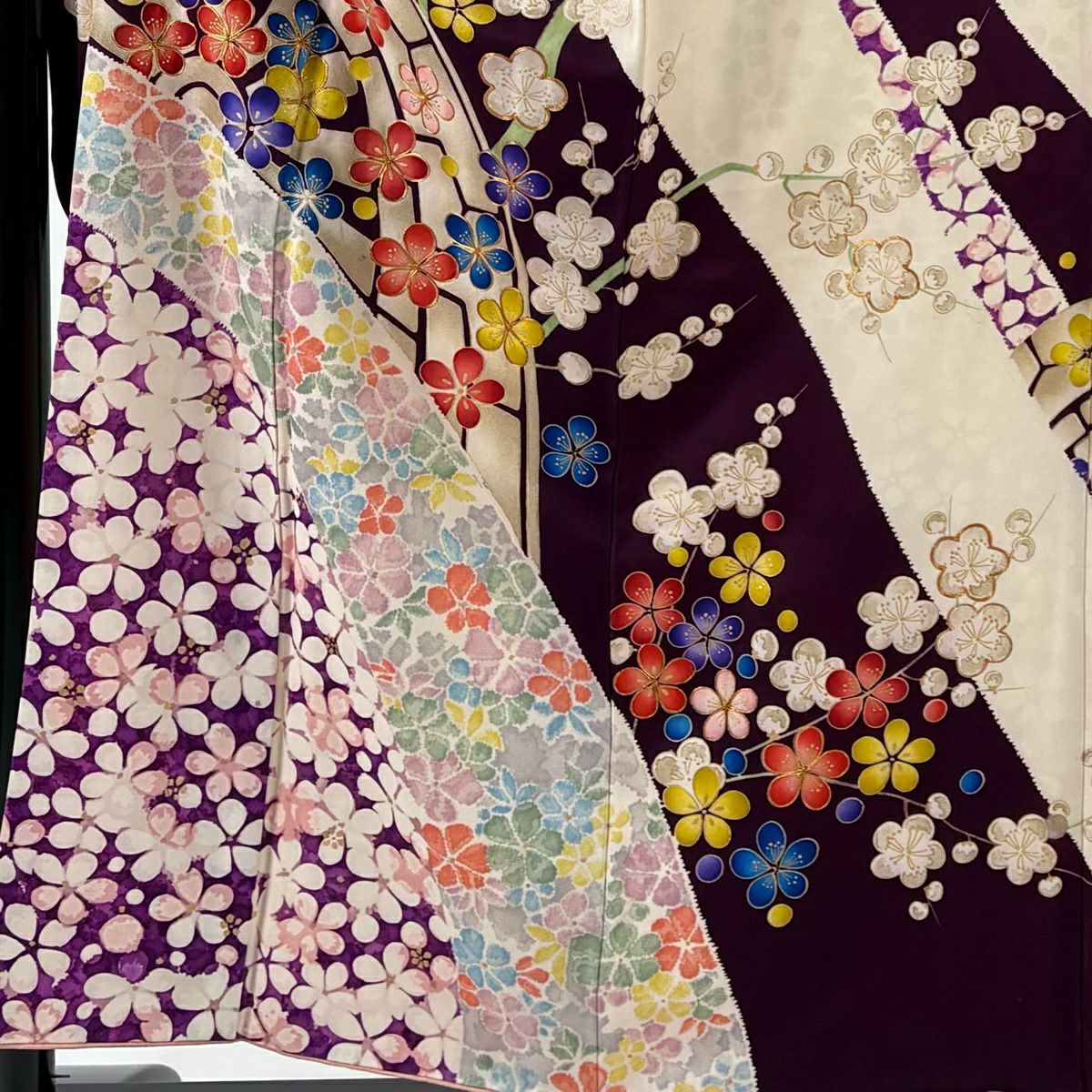 振袖禮服 身長156cm 袖長63cm S 雙層 枝梅花 源氏車 金絲 金銀彩 紫 純蠶絲 名品級