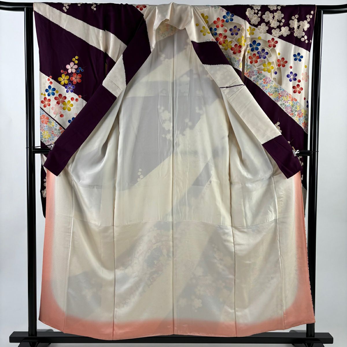 振袖禮服 身長156cm 袖長63cm S 雙層 枝梅花 源氏車 金絲 金銀彩 紫 純蠶絲 名品級