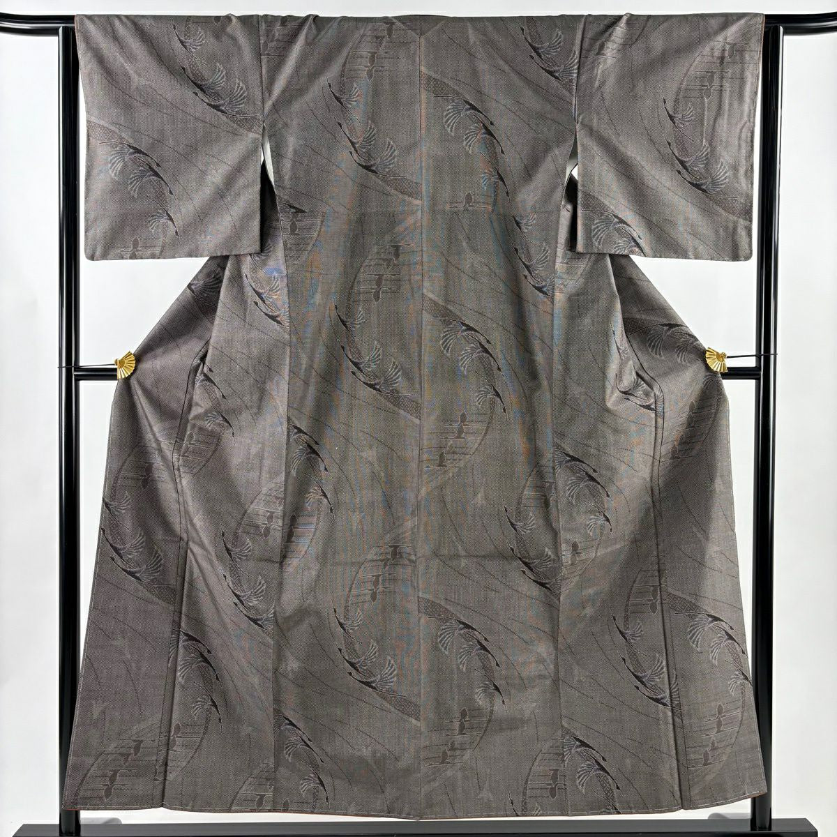 【美品】 紬織 身長156cm 袖長64cm M 雙層 鳥 焦茶 純蠶絲 名品級