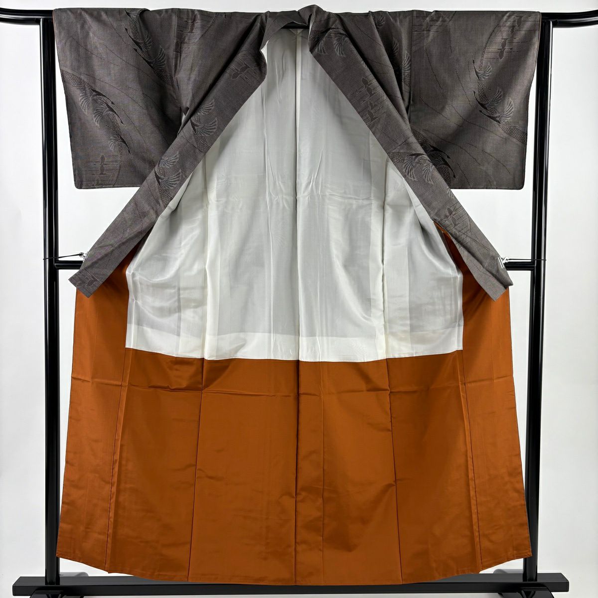 【美品】 紬織 身長156cm 袖長64cm M 雙層 鳥 焦茶 純蠶絲 名品級