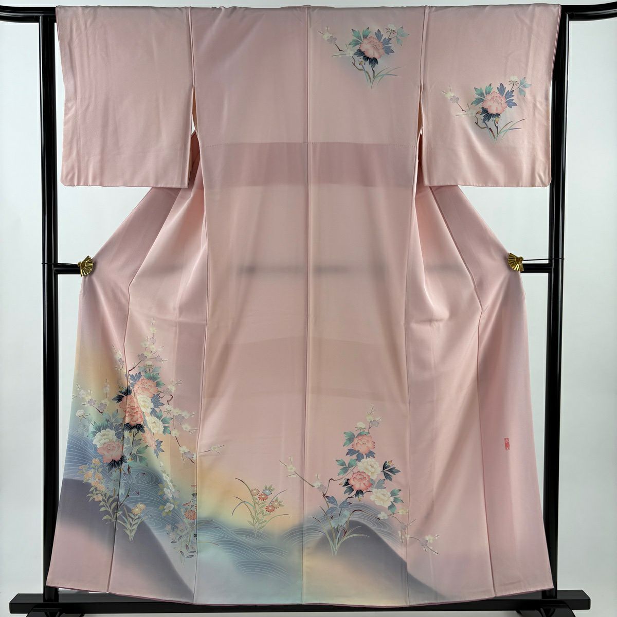 訪問服 身長156cm 袖長64.5cm M 雙層 落款有 牡丹 流水 染分 ぼかし 粉紅 純蠶絲 名品級