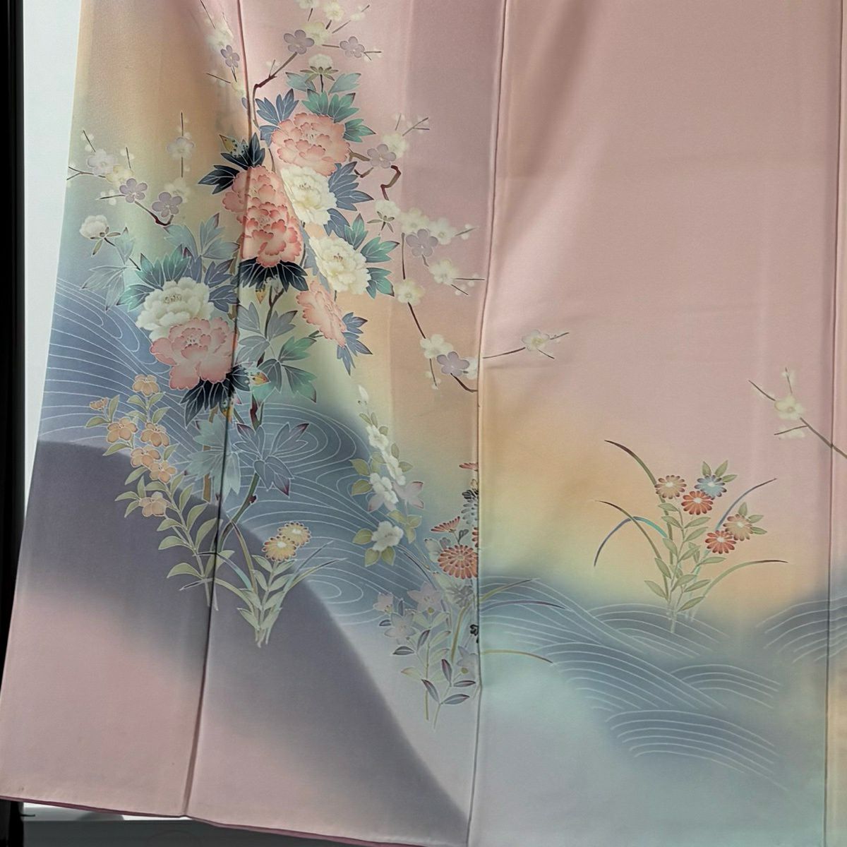 訪問服 身長156cm 袖長64.5cm M 雙層 落款有 牡丹 流水 染分 ぼかし 粉紅 純蠶絲 名品級