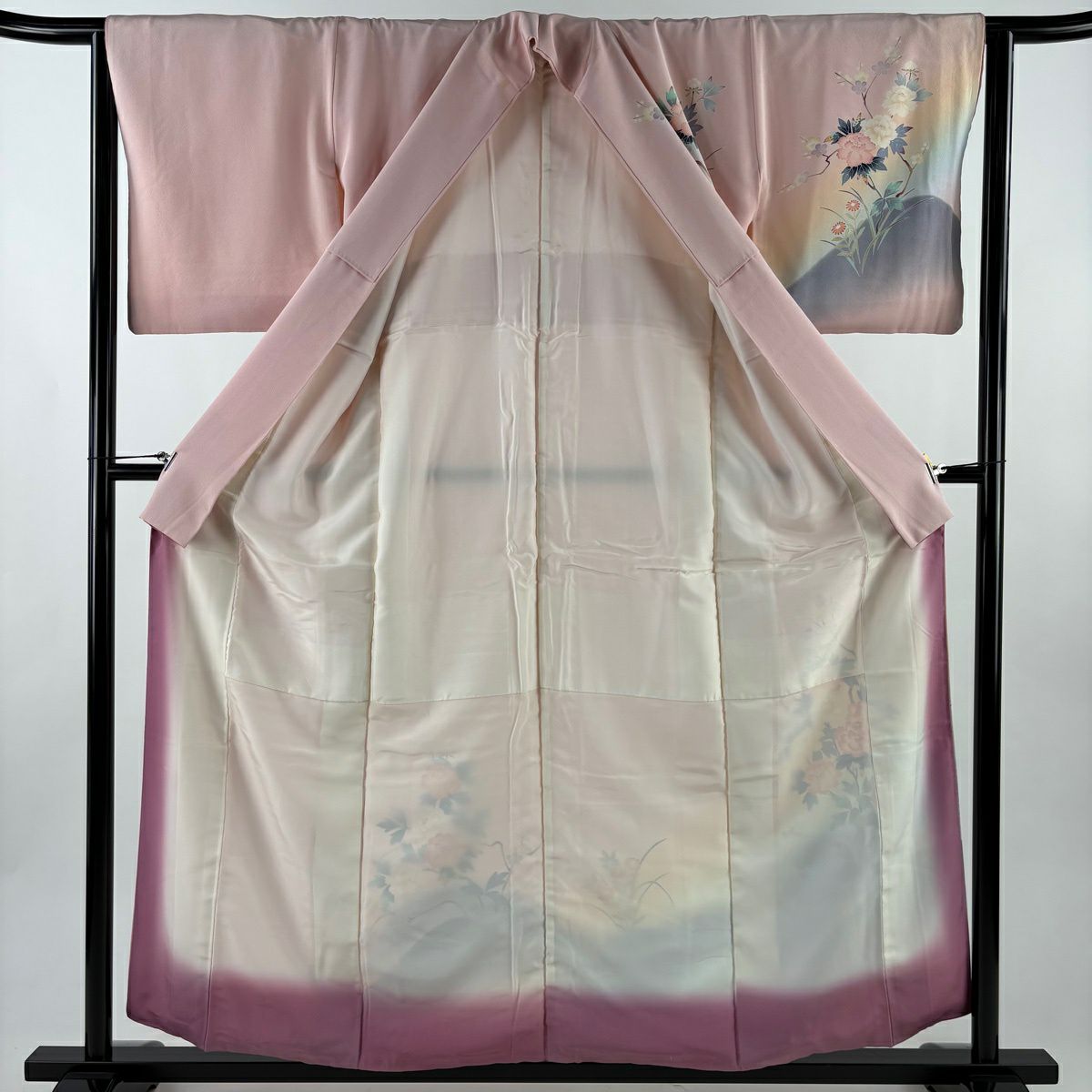 訪問服 身長156cm 袖長64.5cm M 雙層 落款有 牡丹 流水 染分 ぼかし 粉紅 純蠶絲 名品級