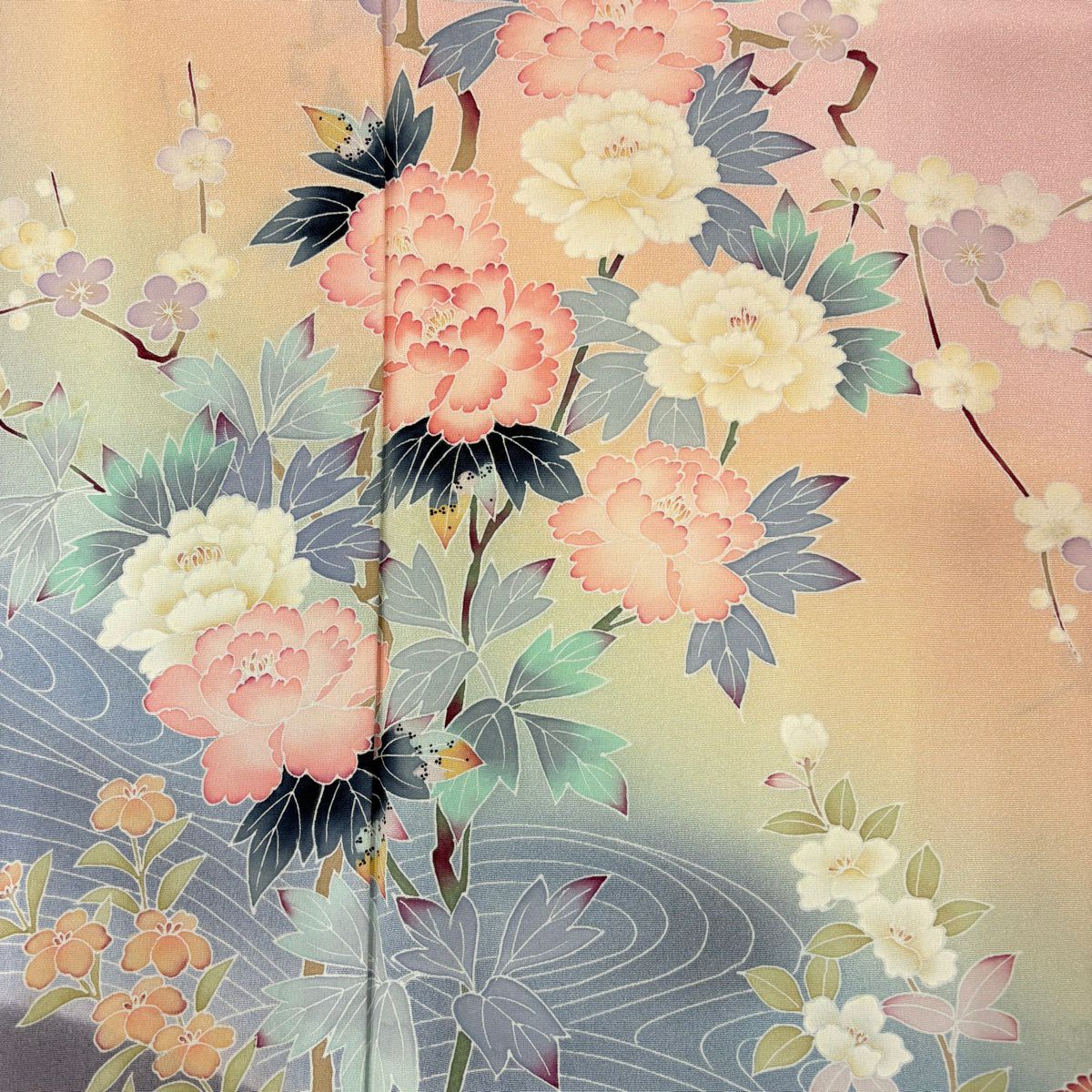 訪問服 身長156cm 袖長64.5cm M 雙層 落款有 牡丹 流水 染分 ぼかし 粉紅 純蠶絲 名品級