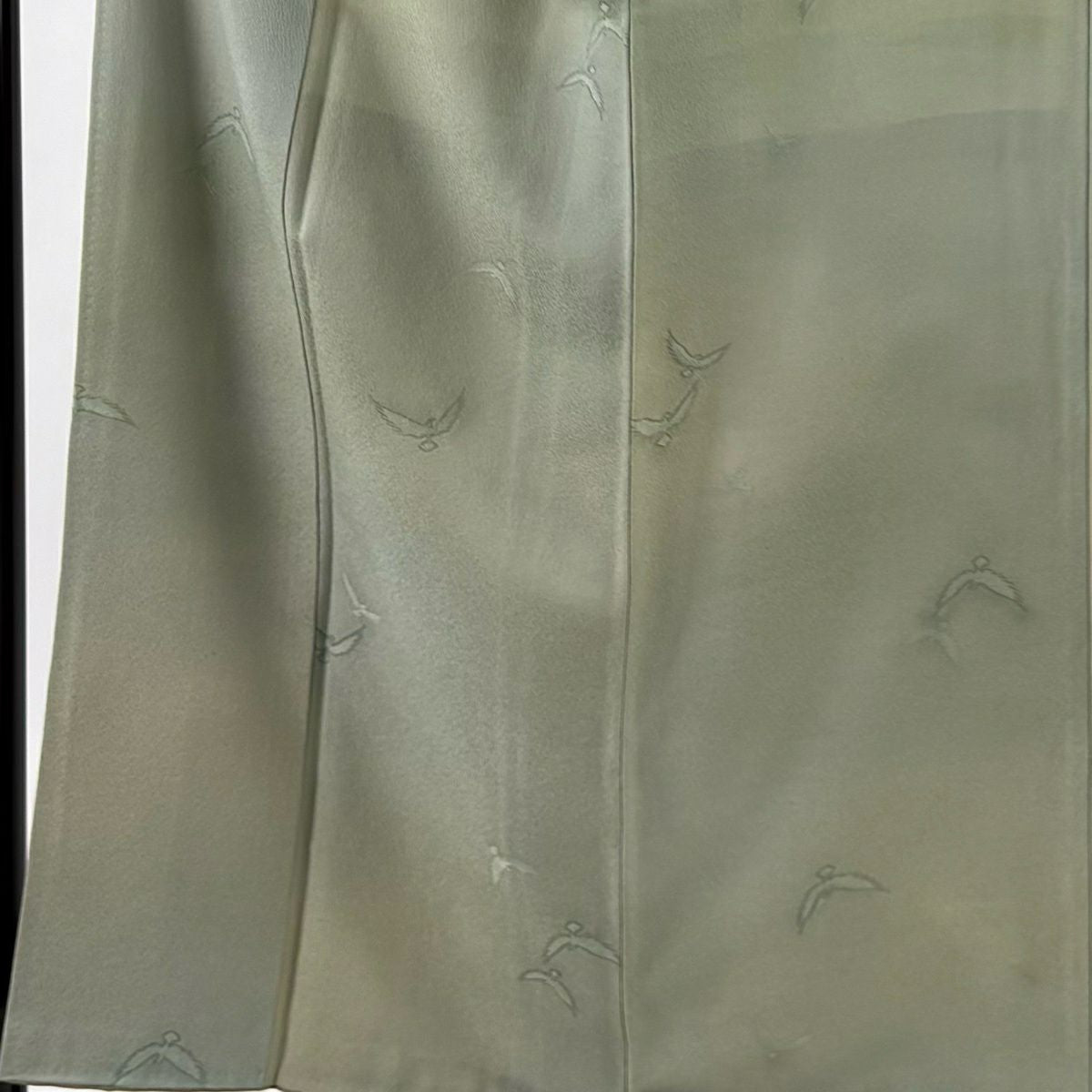 小紋 身長155cm 袖長63cm S 雙層 斉藤三才 落款あり 鳥 ぼかし 薄綠 純蠶絲 名品級