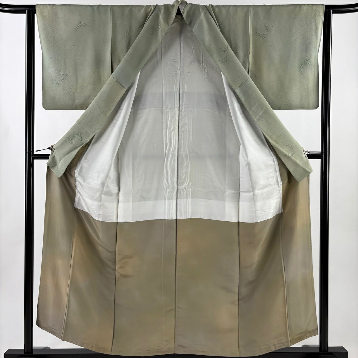 小紋 身長155cm 袖長63cm S 雙層 斉藤三才 落款あり 鳥 ぼかし 薄綠 純蠶絲 名品級