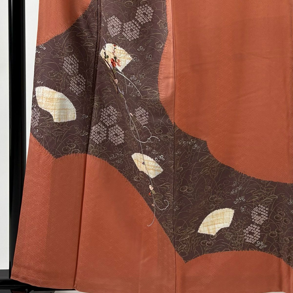 訪問服 身長161cm 袖長67cm M 雙層 扇子面 菊花花 刺繡 絞染 鮭粉色 純蠶絲 名品級