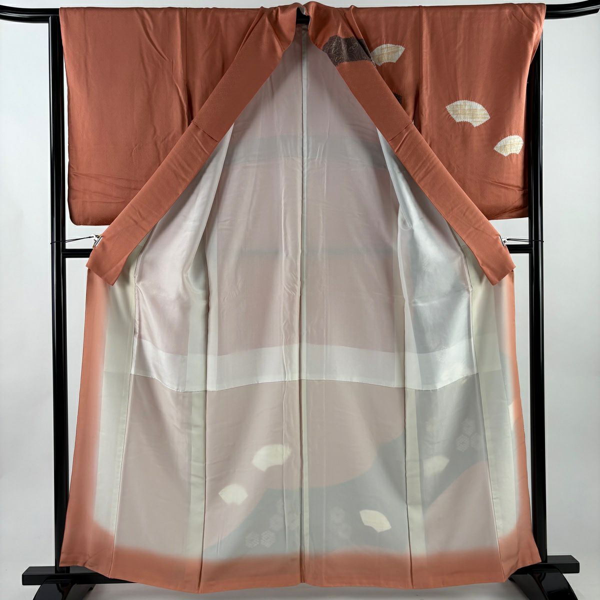 訪問服 身長161cm 袖長67cm M 雙層 扇子面 菊花花 刺繡 絞染 鮭粉色 純蠶絲 名品級