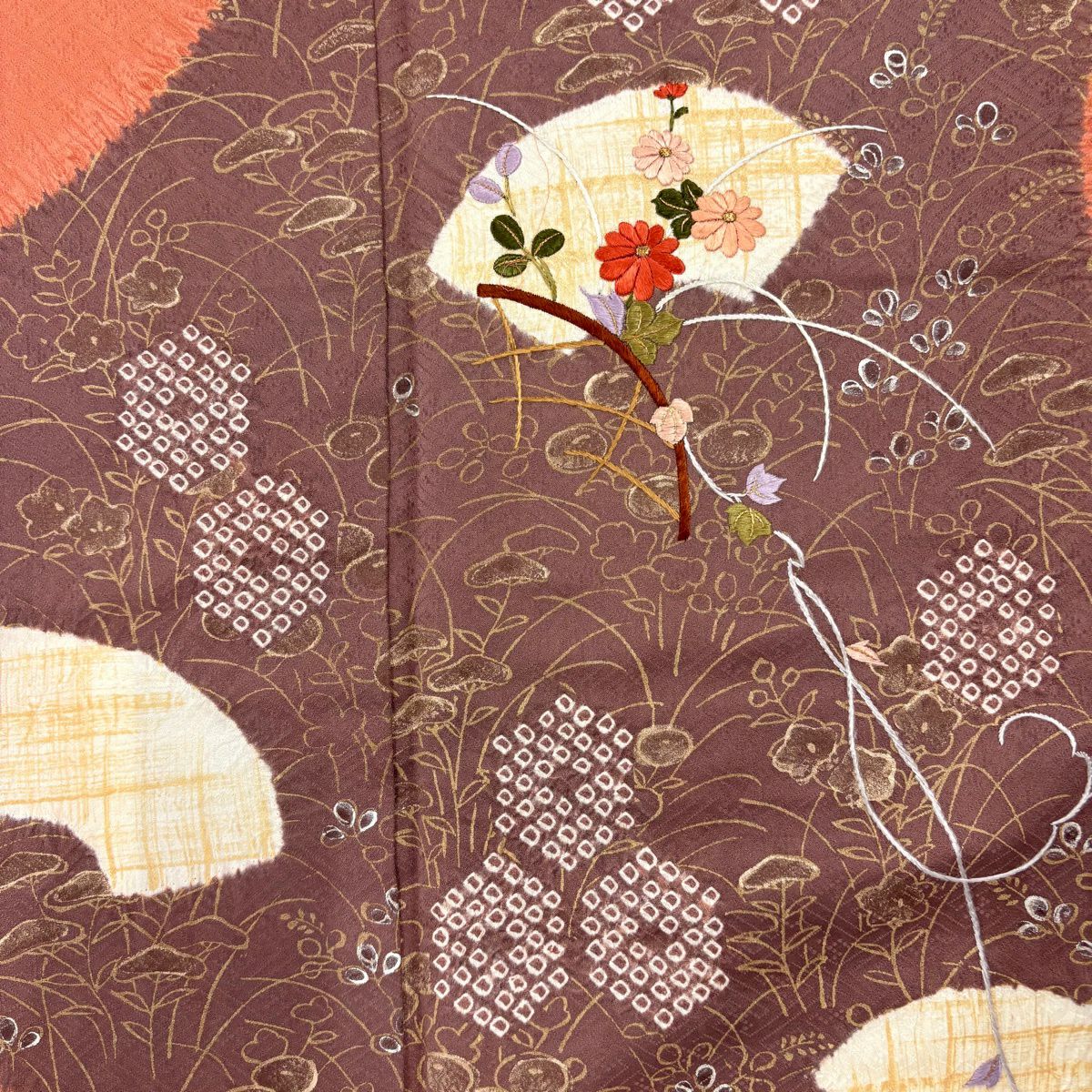 訪問服 身長161cm 袖長67cm M 雙層 扇子面 菊花花 刺繡 絞染 鮭粉色 純蠶絲 名品級