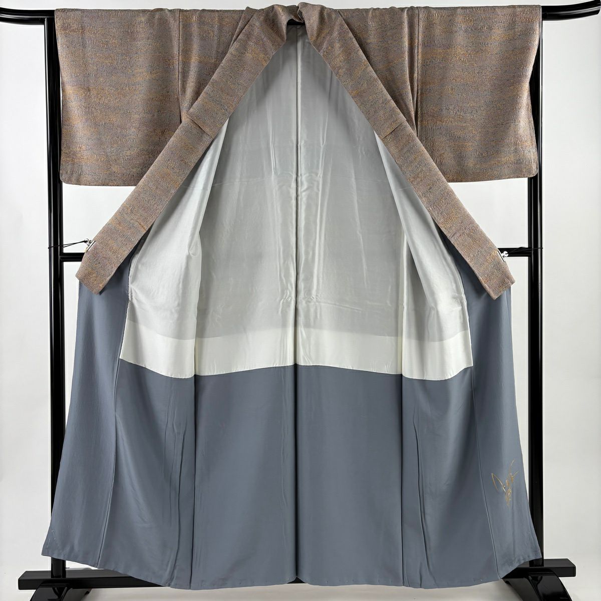 【美品】 小紋 身長157cm 袖長66cm M 雙層 幾何學 陶彩染 灰茶 純蠶絲 名品級
