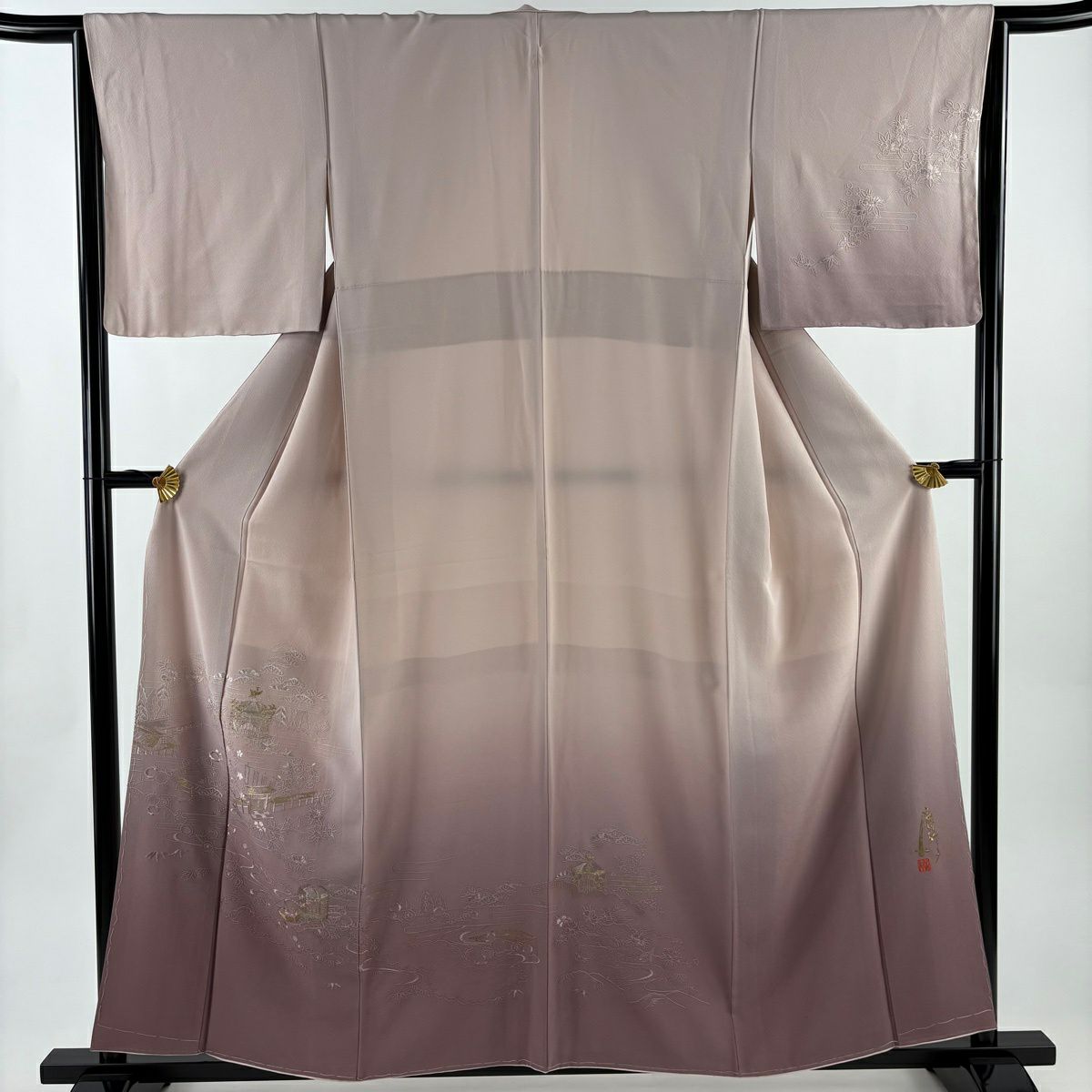 付下 身長158cm 袖長66cm M 雙層 小篠綾子 落款あり 建物 貝桶 刺繡 金銀彩 粉紅 純蠶絲 名品級 一つ紋