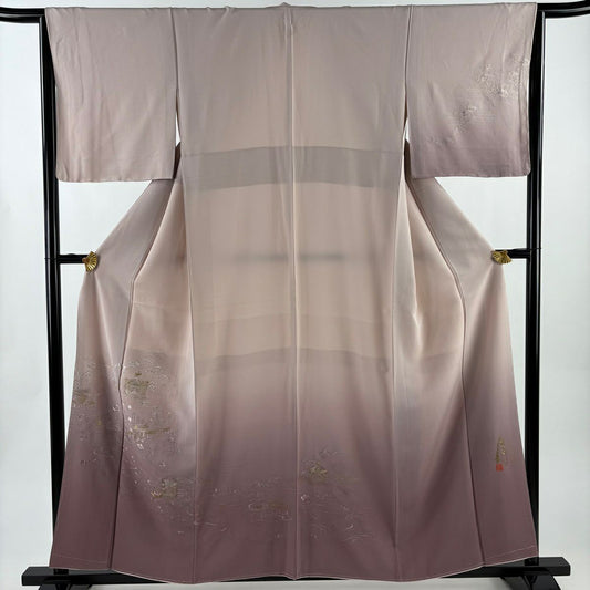 付下 身長158cm 袖長66cm M 雙層 小篠綾子 落款あり 建物 貝桶 刺繡 金銀彩 粉紅 純蠶絲 名品級 一つ紋
