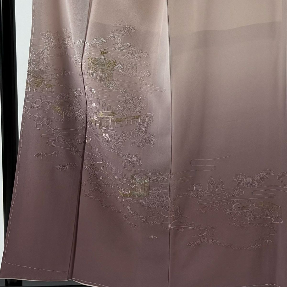 付下 身長158cm 袖長66cm M 雙層 小篠綾子 落款あり 建物 貝桶 刺繡 金銀彩 粉紅 純蠶絲 名品級 一つ紋
