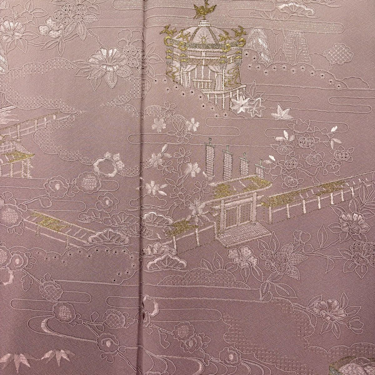 付下 身長158cm 袖長66cm M 雙層 小篠綾子 落款あり 建物 貝桶 刺繡 金銀彩 粉紅 純蠶絲 名品級 一つ紋
