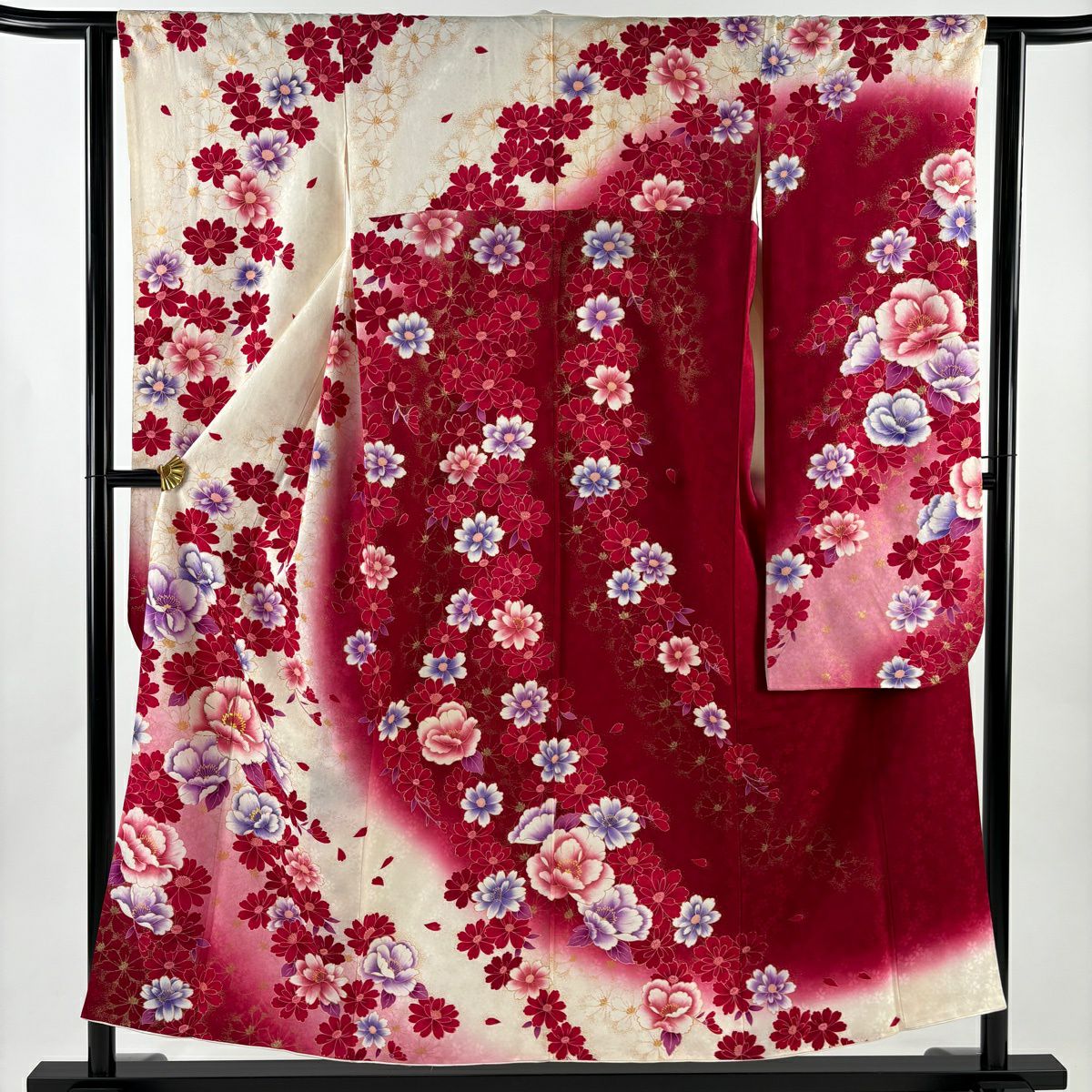 振袖禮服 身長155cm 袖長62.5cm S 雙層 草花紋紋 金金箔 金銀彩 奶油色 純蠶絲 名品級