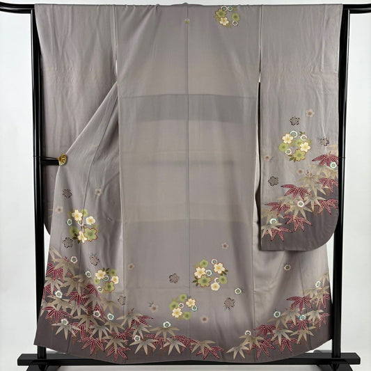 振袖禮服 身長155cm 袖長64.5cm M 雙層 櫻花 竹子 金銀彩 漸層 灰紫 純蠶絲 名品級 一個紋
